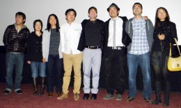 Members of the “Pray for Japan” crew at the Torrance screening: (from left) Susumu Kimura (editor), Emiko "Panchita" Kagawa (editor), Noriko Miyakawa (editor), Ben Chan (post sound mixer), Stu Levy (director/producer), Shinya Mizoguchi (composer), Daisuke Kinouchi (editor), Yukari Kaneko (graphics). Not pictured: Michelle Klein-Hass, who was shooting video of the event. (assistant editor), who was shooting video of the event. (Photo by J.K. Yamamoto/Rafu Shimpo)